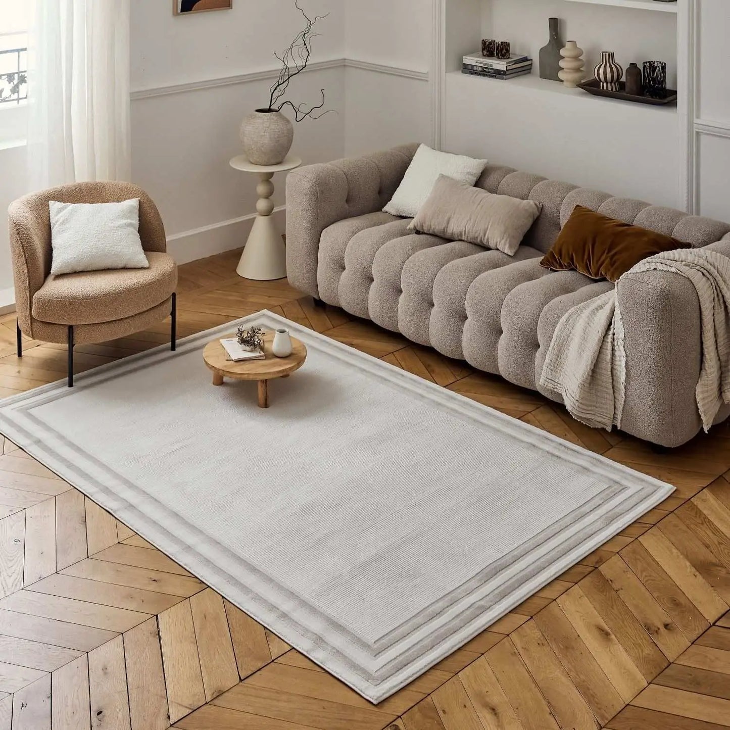 Carmel Cream-Beige Bordered Rug | 6060