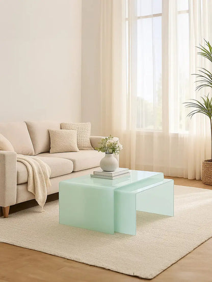 Cascade Aqua Green Curved Glass Set of 2 Nesting Coffee Tables