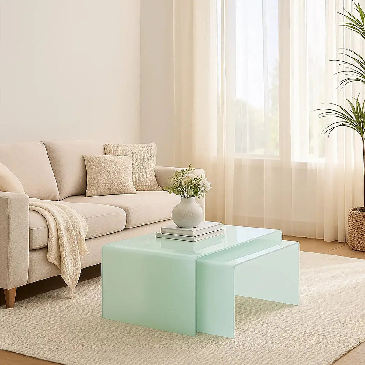 Cascade Aqua Green Curved Glass Set of 2 Nesting Coffee Tables