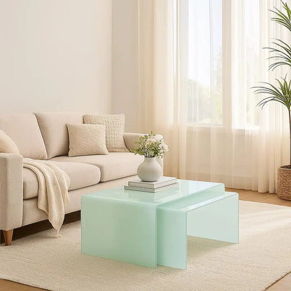 Cascade Aqua Green Curved Glass Set of 2 Nesting Coffee Tables