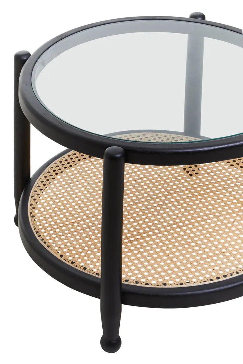 Cebu Black Wood and Natural Rattan Round Coffee Table