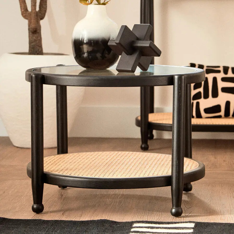 Cebu Black Wood and Natural Rattan Round Coffee Table