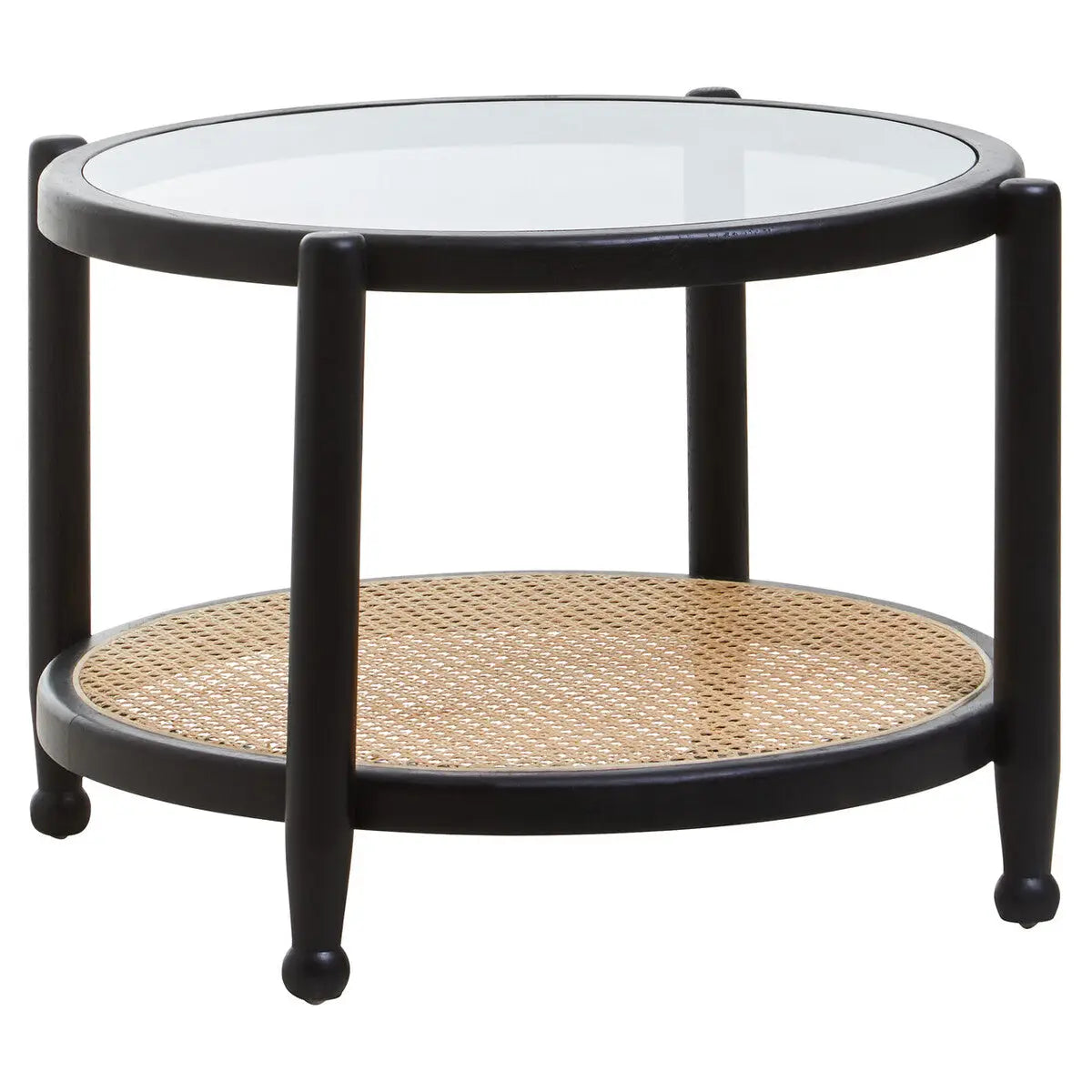 Cebu Black Wood and Natural Rattan Round Coffee Table