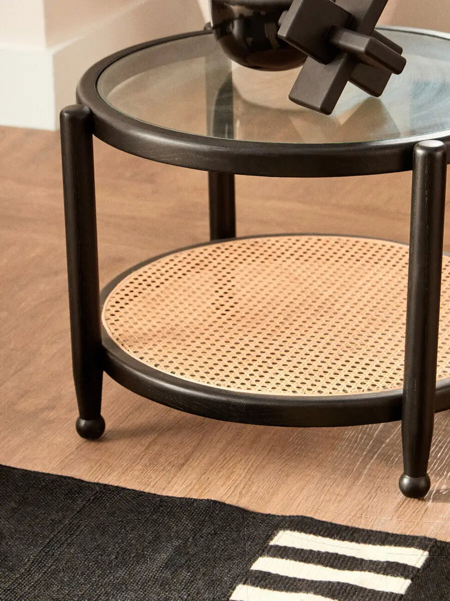 Cebu Black Wood and Natural Rattan Round Coffee Table