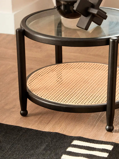 Cebu Black Wood and Natural Rattan Round Coffee Table