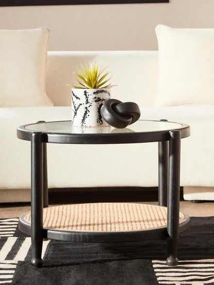 Cebu Black Wood and Natural Rattan Round Coffee Table