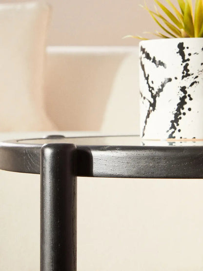 Cebu Black Wood and Natural Rattan Round Coffee Table