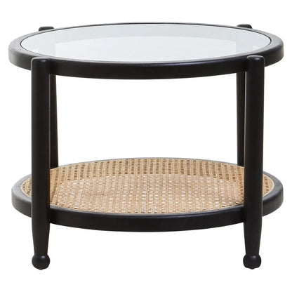 Cebu Black Wood and Natural Rattan Round Coffee Table