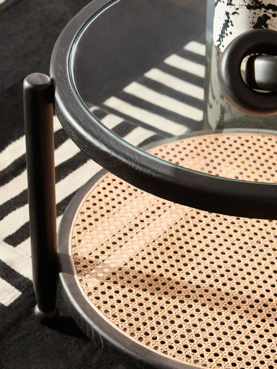Cebu Black Wood and Natural Rattan Round Coffee Table