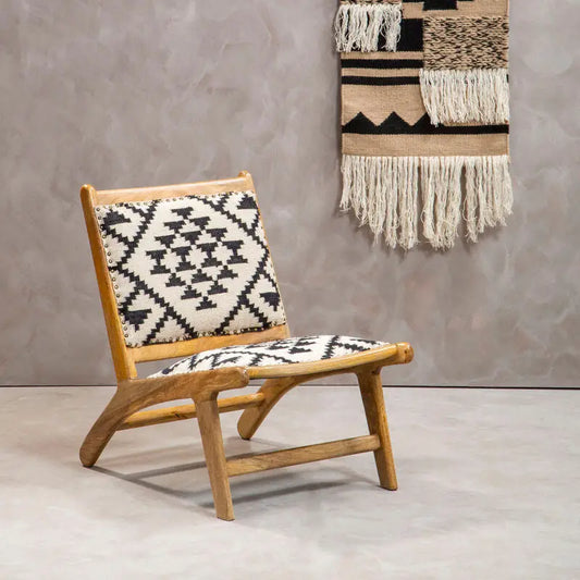 Cefena Black and White Berber Style Lounge Chair with Mango Wood Frame