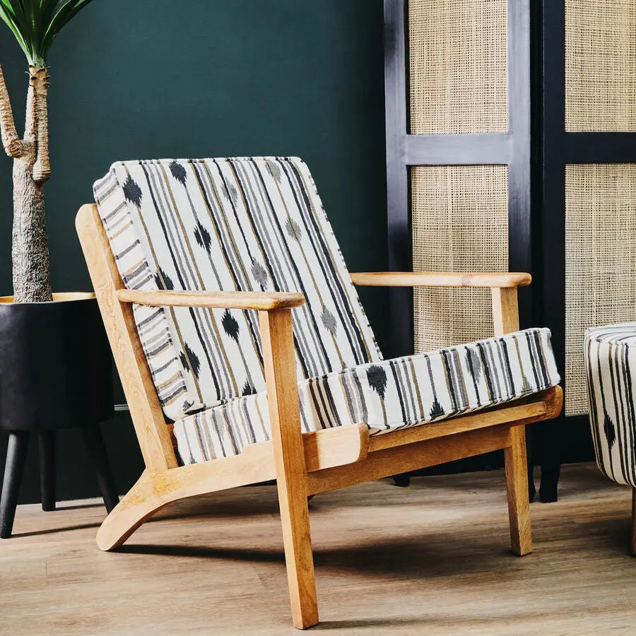 Cefena Black and White Cotton Armchair with Angular Mango Wood Frame