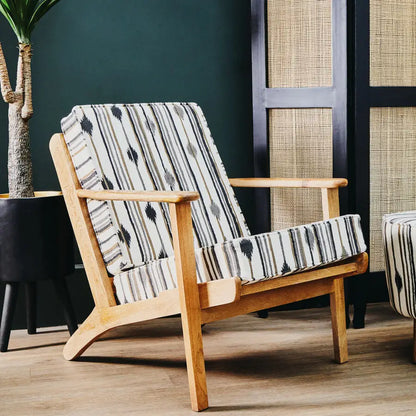 Cefena Black and White Cotton Armchair with Angular Mango Wood Frame