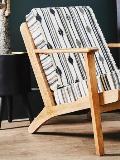 Cefena Black and White Cotton Armchair with Angular Mango Wood Frame