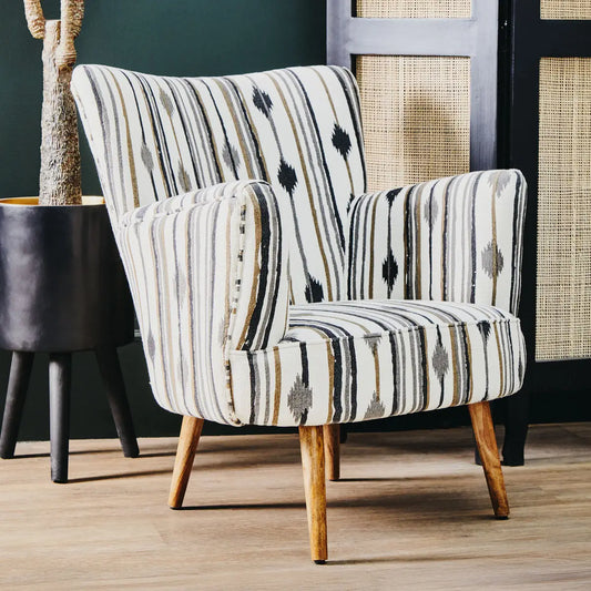 Cefena Black and White Fabric Chair with Flared Arms