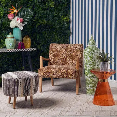 Cefena Leopard Print Fabric Chair with Mango Wood Frame