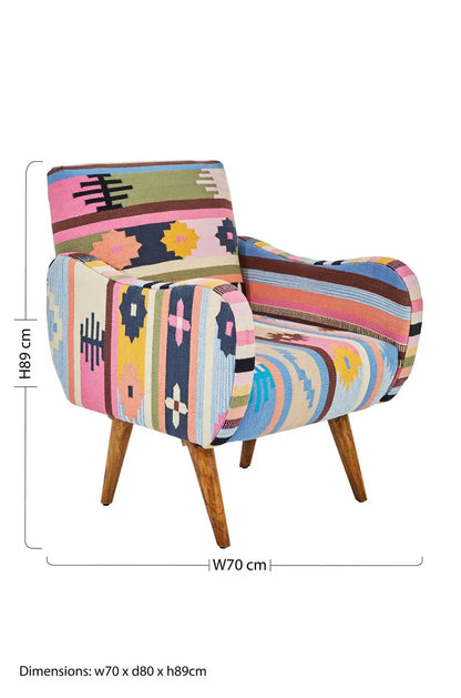 Cefena Multi Coloured Fabric Kilim Style Chair with Mango Wood Legs