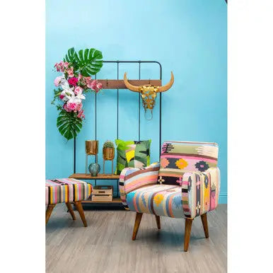 Cefena Multi Coloured Fabric Kilim Style Chair with Mango Wood Legs