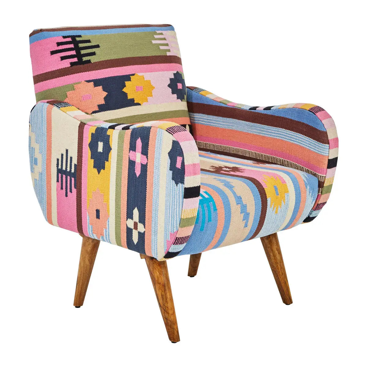 Cefena Multi Coloured Fabric Kilim Style Chair with Mango Wood Legs