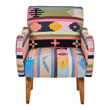 Cefena Multi Coloured Fabric Kilim Style Chair with Mango Wood Legs