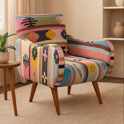 Cefena Multi Coloured Fabric Kilim Style Chair with Mango Wood Legs