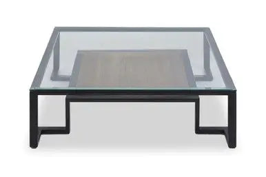 Cibo Clear Glass and Black Metal Coffee Table with Lower Shelf