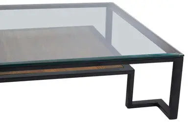 Cibo Clear Glass and Black Metal Coffee Table with Lower Shelf