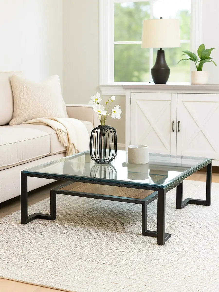 Cibo Clear Glass and Black Metal Coffee Table with Lower Shelf