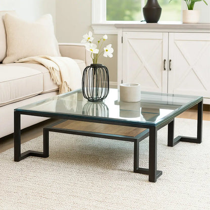 Cibo Clear Glass and Black Metal Coffee Table with Lower Shelf