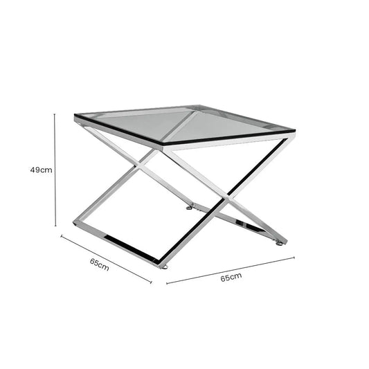 Clear and Silver Stainless Steel Frame Side Table with Smooth Glass Top, Montril