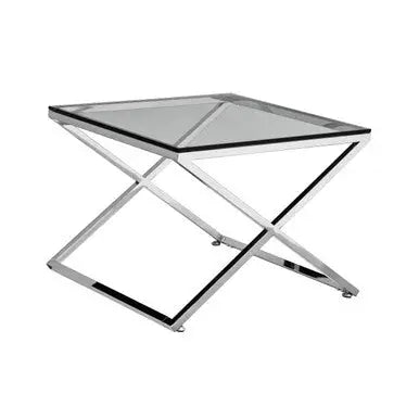 Clear and Silver Stainless Steel Frame Side Table with Smooth Glass Top, Montril