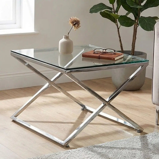 Clear and Silver Stainless Steel Frame Side Table with Smooth Glass Top | Montril