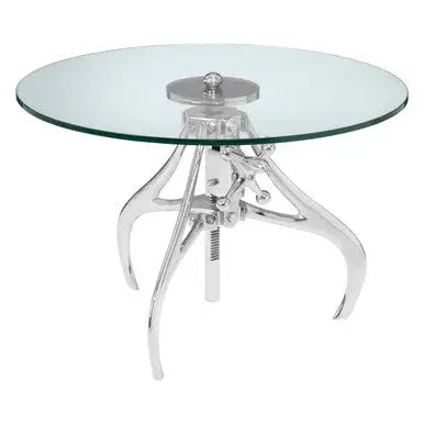 Clear Glass Top Accent Table with Silver Height Adjustable Crank Mechanism Metal Frame, Maxi