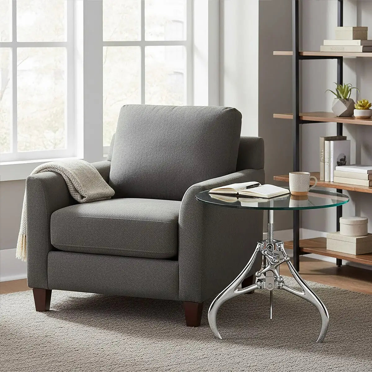 Clear Glass Top Accent Table with Silver Height Adjustable Crank Mechanism Metal Frame, Maxi
