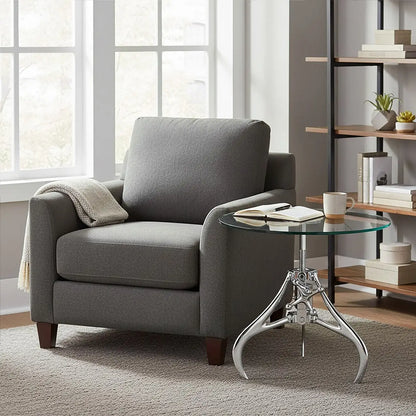 Clear Glass Top Accent Table with Silver Height Adjustable Crank Mechanism Metal Frame, Maxi