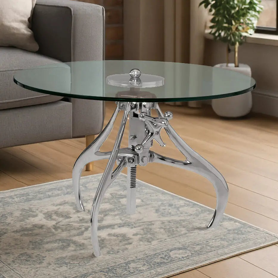 Clear Glass Top Accent Table with Silver Height Adjustable Crank Mechanism Metal Frame, Maxi