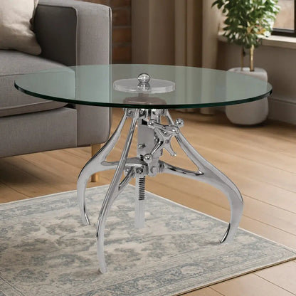 Clear Glass Top Accent Table with Silver Height Adjustable Crank Mechanism Metal Frame, Maxi