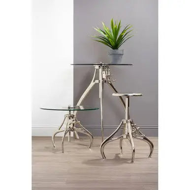 Clear Glass Top Accent Table with Silver Height Adjustable Crank Mechanism Metal Frame, Maxi