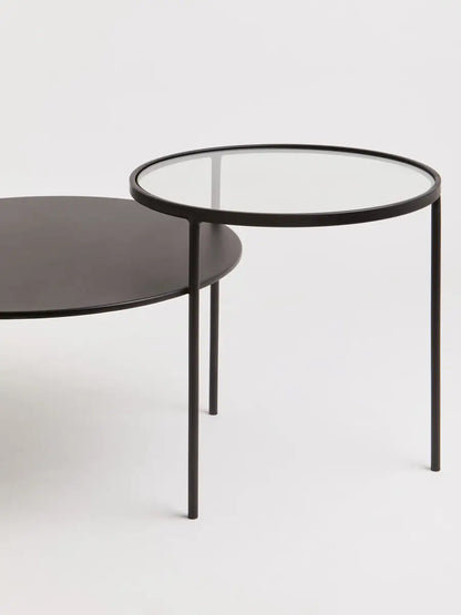 Clear Glass Top and Black Metal Lower Top Coffee Table with Black Iron Frame, Trento