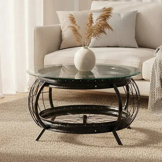 Clear Glass Top Coffee Table with Black Finish Bamboo and Iron Frame, Mantis