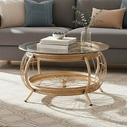 Clear Glass Top Coffee Table with Champagne Gold Finish Bamboo and Iron Frame, Mantis