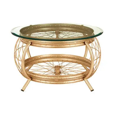Clear Glass Top Coffee Table with Champagne Gold Finish Bamboo and Iron Frame, Mantis