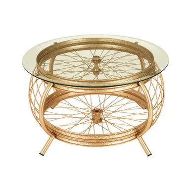 Clear Glass Top Coffee Table with Champagne Gold Finish Bamboo and Iron Frame, Mantis