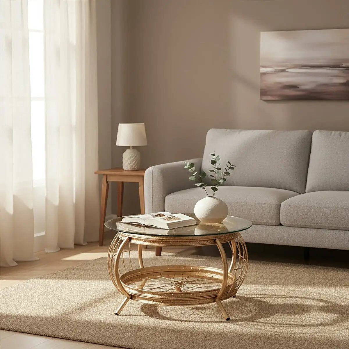 Clear Glass Top Coffee Table with Champagne Gold Finish Bamboo and Iron Frame, Mantis
