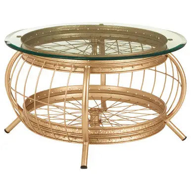 Clear Glass Top Coffee Table with Champagne Gold Finish Bamboo and Iron Frame, Mantis