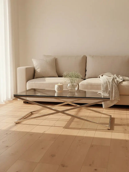 Clear Glass Top Coffee Table with Glistening Silver Stainless Steel Cross Base, Montril