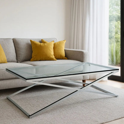 Clear Glass Top Coffee Table with Glistening Silver Stainless Steel Cross Base, Montril