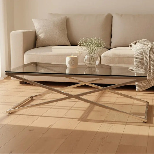 Clear Glass Top Coffee Table with Glistening Silver Stainless Steel Cross Base | Montril