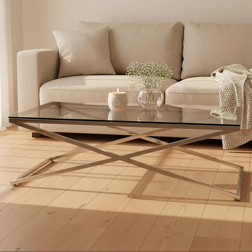 Clear Glass Top Coffee Table with Glistening Silver Stainless Steel Cross Base, Montril