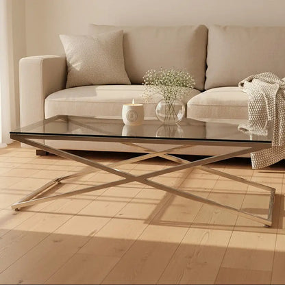Clear Glass Top Coffee Table with Glistening Silver Stainless Steel Cross Base, Montril