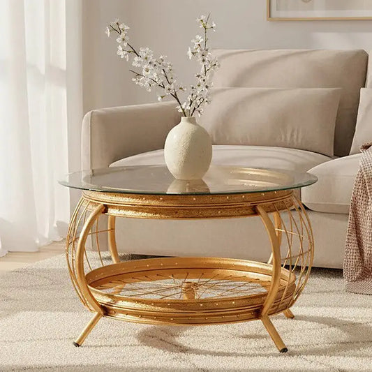 Clear Glass Top Coffee Table with Gold Finish Bamboo and Iron Frame, Mantis